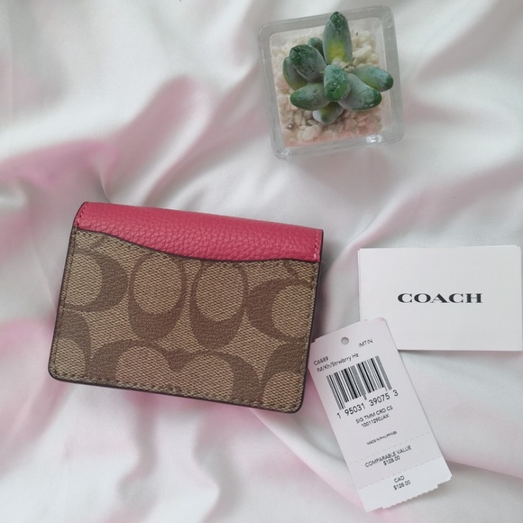 NWT COACH TAMMIE CARD CASE IN SIGNATURE CANVAS C6889 KHAKI/STRAWBERRY Haze $128 - Picture 3 of 4
